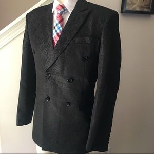 Men Black Floral Double Breasted Suit Jacket .
